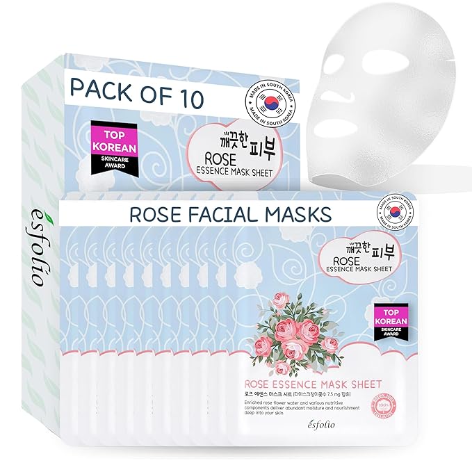 esfolio Rose Essence Sheet Mask – Hydrating & Nourishing Face Mask with Rose Extract, Moisturizing Korean Skincare, Soothing Facial Mask for All Skin Types (Pack of 10)