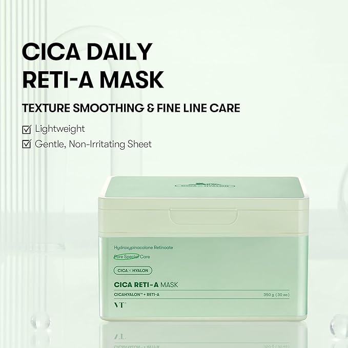 VT COSMETICS CICA Reti-A Daily Mask 30 Sheets, Retinol Complex for Pore Minimizing, Skin Softening & Hydrating Facial Mask, Ideal for Retinol Beginners, Korean Face Mask