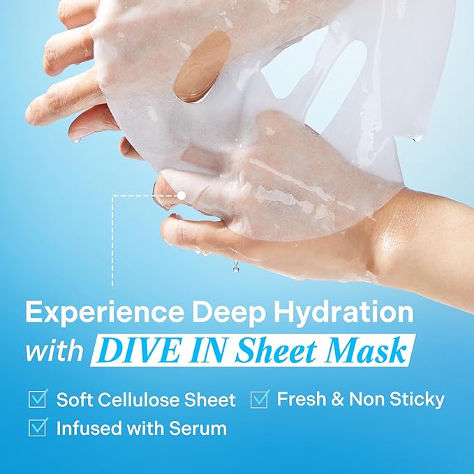 Torriden DIVE IN Hyaluronic Acid Facial Mask (10 sheets) | Deep Hydration Korean Face Sheet Mask | Panthenol & Allantoin | Korean Skincare Mask