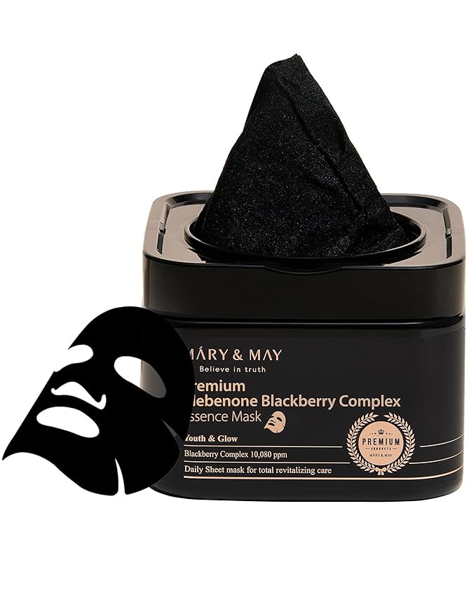 Mary&May プレミアムイデベノンブラックベリーコンプレックスエッセンスマスク（20枚） – バンブーチャコールシート、ビタミンC、パンテノール、セラミド配合で潤いと輝きを与える韓国フェイスマスク、毎日使える引き出し式ディスペンサー