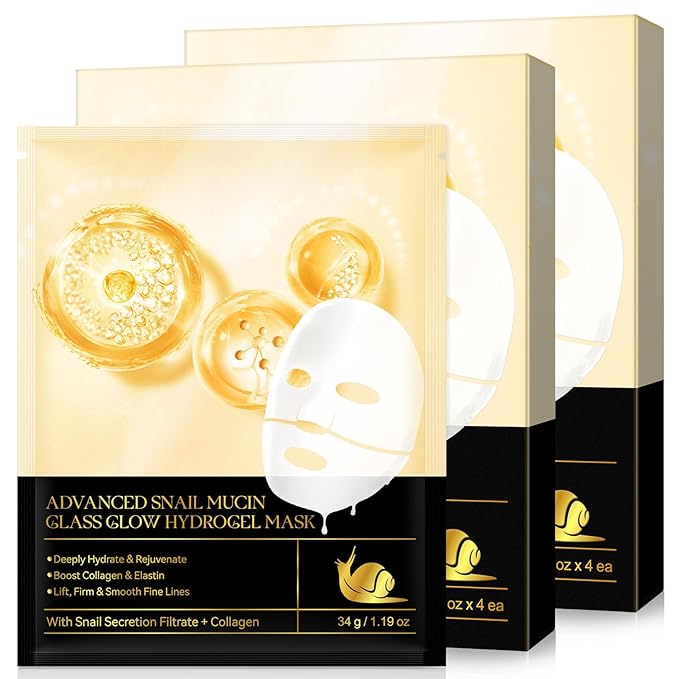 Snail Mucin Glass Glow Hydrogel Mask、コラーゲンフェイスマスク スキンケア、コラーゲンナイトラッピングマスク、韓国フェイスマスク スキンケア (8枚)