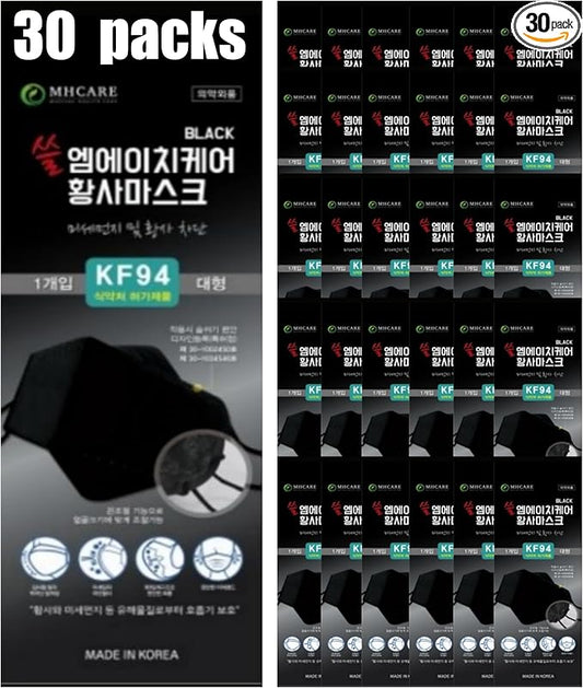 (Pack of 30) Korea Black Disposable KF94- Face Mask, Unisex, 4-Layer Filters Breathable Comfortable, Adjustable Strap, Nose Mouth Covering Dust Mask Made in Korea.
