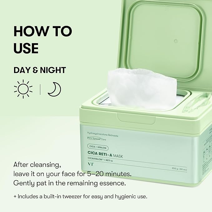 VT COSMETICS CICA Reti-A Daily Mask 30 Sheets, Retinol Complex for Pore Minimizing, Skin Softening & Hydrating Facial Mask, Ideal for Retinol Beginners, Korean Face Mask