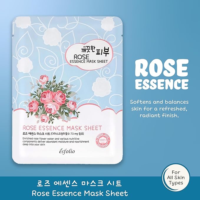 esfolio Rose Essence Sheet Mask – Hydrating & Nourishing Face Mask with Rose Extract, Moisturizing Korean Skincare, Soothing Facial Mask for All Skin Types (Pack of 10)