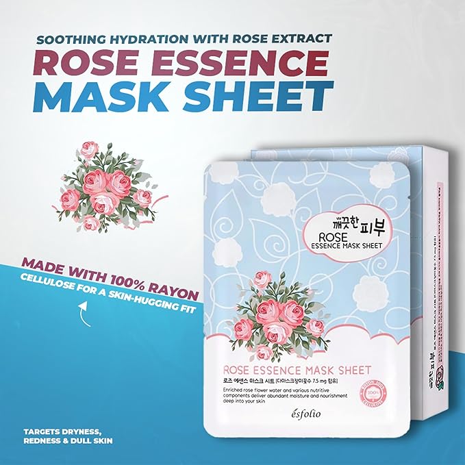 esfolio Rose Essence Sheet Mask – Hydrating & Nourishing Face Mask with Rose Extract, Moisturizing Korean Skincare, Soothing Facial Mask for All Skin Types (Pack of 10)