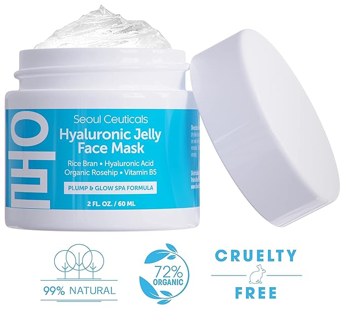 SeoulCeuticals Korean Skin Care Hyaluronic Acid Jelly Face Mask – Rice Bran + Vit B5 + Rosehip Anti Aging K Beauty Skincare for Plump Glowing Skin 2oz