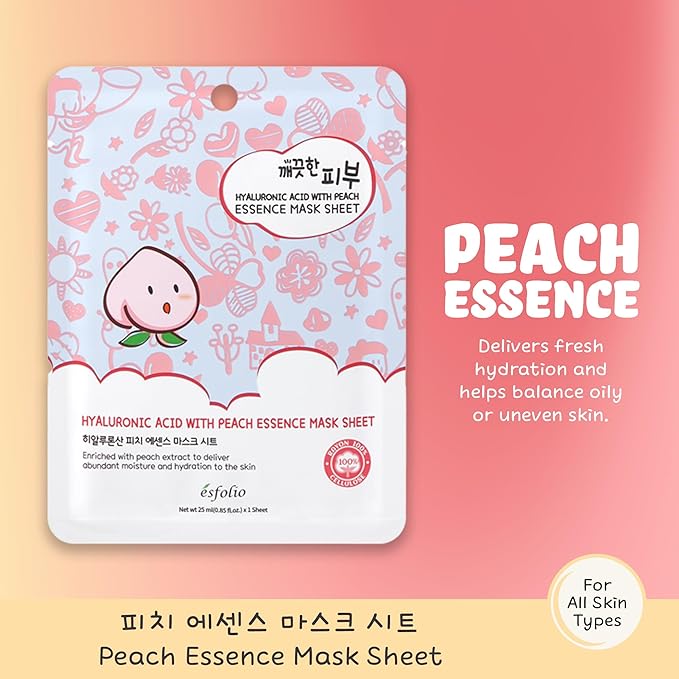 esfolio Pure Skin Hyaluronic Acid with Peach Essence Face Mask Sheet - Hydrating Korean Face Mask for Dark Spots, Pore Care, Oil Control and Improves Skin with Moisturizing and Soothing (Pack of 10)