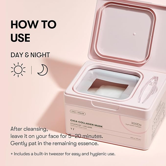 VT COSMETICS CICA Pink Daily Mask 30 Sheets, 300Da Low Molecular Collagen for Skin Elasticity, Hydrating & Firming, Pink Collagen Essence, Korean Face Mask