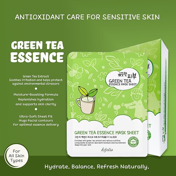 Esfolio Green Tea Essence Face Mask – Hydrating, Soothing, Antioxidant-Rich Sheet Mask for All Skin Types – Moisturizing, Revitalizing Face Treatment for Sensitive, and Blemish-Prone Skin (Pack of 10)