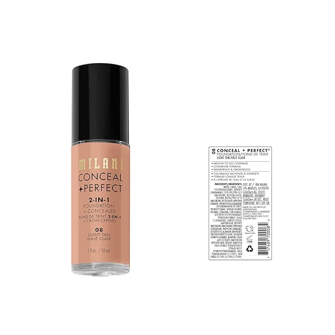 Milani コンシール + パーフェクト 2-in-1 ファンデーション + コンシーラー 完璧な肌へ、目の下のクマ隠し、赤みや欠点をカバー、ウォータープルーフ＆スウェットプルーフ - 08-ライトタン