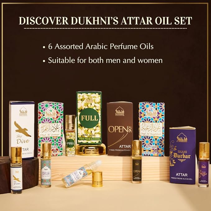 Dukhni Mixed Attar Oil Set | 6 Rollerball perfumes x 6ml | Best Arabic Perfumes for Men & Women | Pure Oudh Musk & Jasmine Arabic Oils | Non-Alcoholic & Vegan | Great for Everyday Office Wear