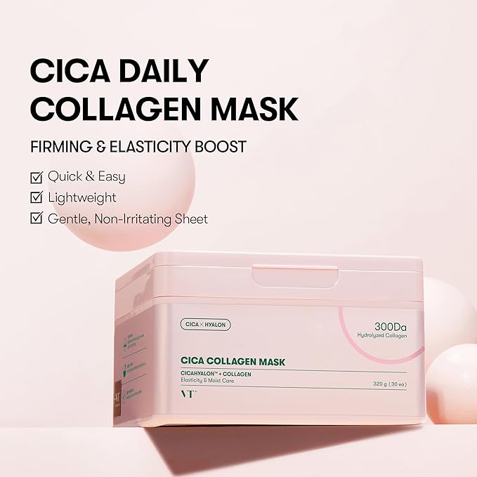 VT COSMETICS CICA Pink Daily Mask 30 Sheets, 300Da Low Molecular Collagen for Skin Elasticity, Hydrating & Firming, Pink Collagen Essence, Korean Face Mask