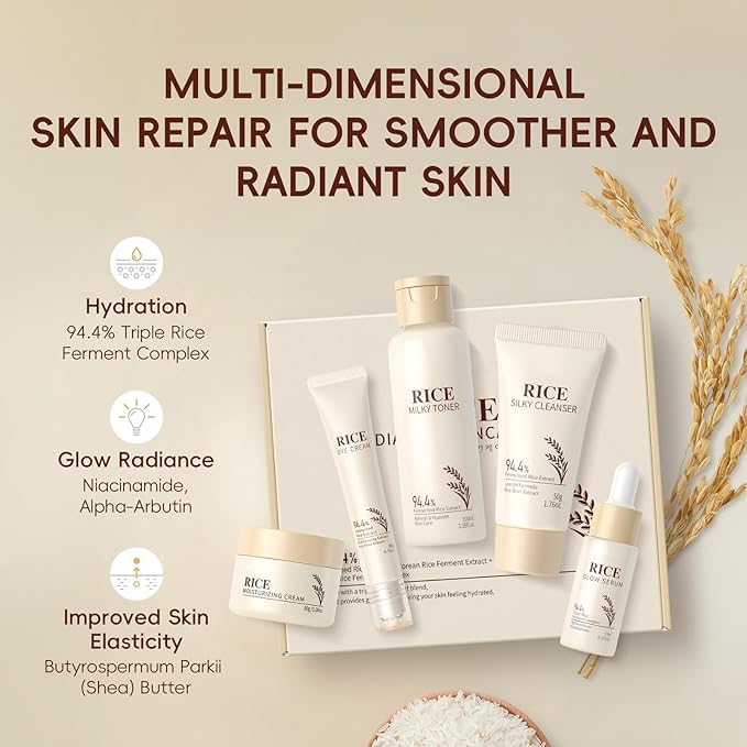 LAIKOU Skin Care Set, Korean Skin Care with Rice Cleanser, Toner, Serum, Eye Serum, Moisturizing Cream 5pcs for Women Teen Girls Mom Daughter Mother's Day Birthday Christmas Lover Korean Beauty