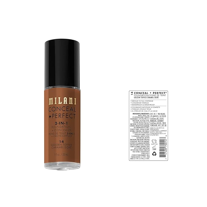 Milani Conceal + Perfect 2-in1 ファンデーション + コンシーラー、完璧な肌へ導く、目の下のクマ隠し、赤みや肌悩みをカバー、ウォータープルーフ、スウェットプルーフ - 14-ゴールデントフィー