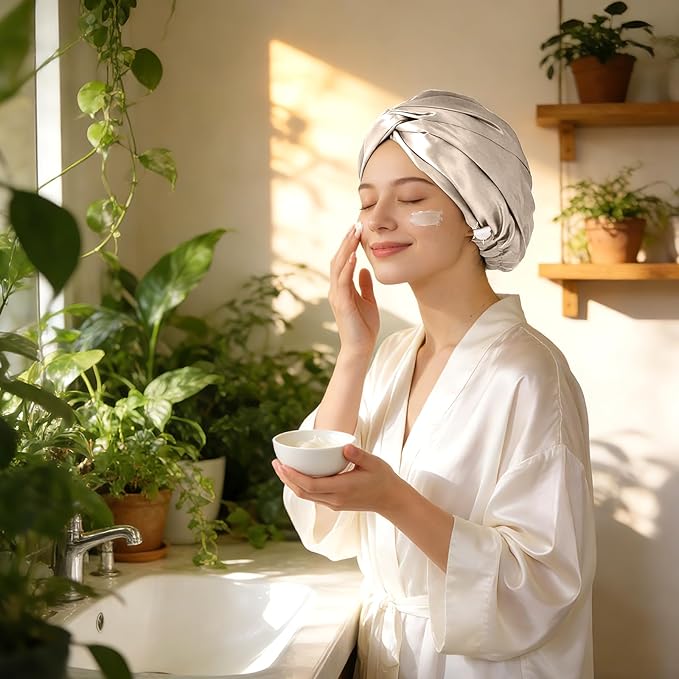 ZIMASILK 22匁 調節可能 100%桑シルクボンネット 就寝用 女性向け、抜け毛を減らすヘア保護用シルクヘアラップ (1個、トープ)