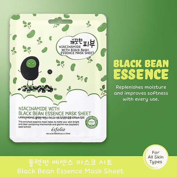 esfolio Niacinamide Black Bean Essence Mask Sheet – Hydrating Korean Face Mask for Dark Spots, Pore Care, Oil Control, Improves Skin – Moisturizing Skin (Pack of 10)