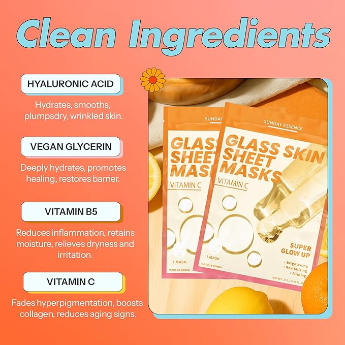 Vitamin C Face Mask For Glass Skin – Hydration & Revitalization For Dull Skin – Dermatologist Tested, Anti-Aging Korean Skin Care – Vegan, Cruelty-Free, Clean Beauty – 5 Sheets
