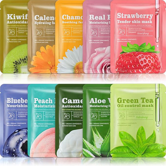 10 Pcs Sheet Face Masks Skincare for Most Skin Types, Combo Essence Hydraiting Facial Mask Set for Women Skin Care, Gifts Set for Home Spa
