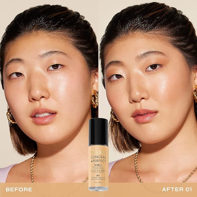 Milani Conceal + Perfect 2-in-1 ファンデーション + コンシーラー、完璧な肌へ、目の下のクマ補正、赤みや欠点をカバー、ウォータープルーフ＆汗に強い - 01 クリーミーバニラ
