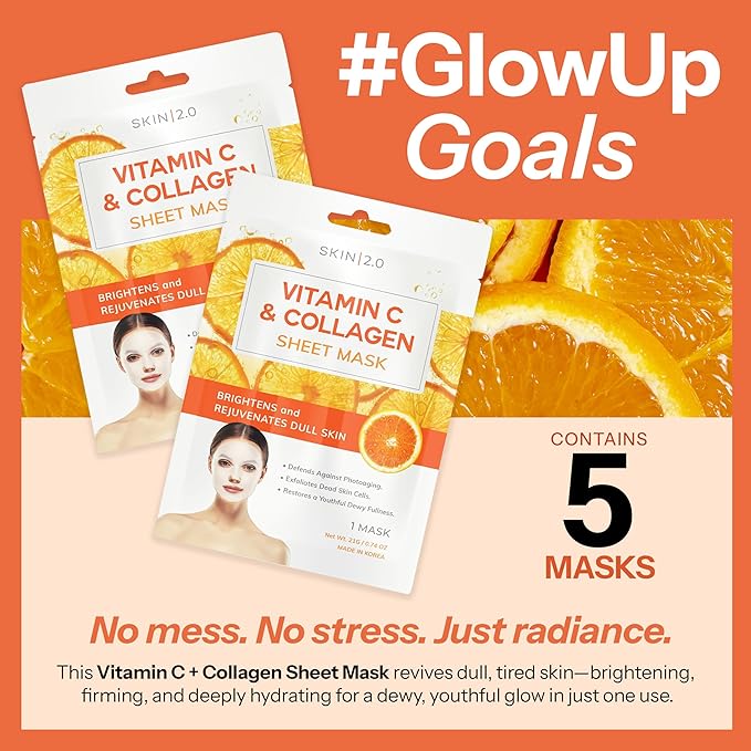 Vitamin C & Collagen Sheet Mask - Anti-Aging, Wrinkle & Age Spot Reducer, Hydrating & Moisturizing - Dermatologist Tested Korean Skincare, Clean Beauty, All Skin Types - 10 Count