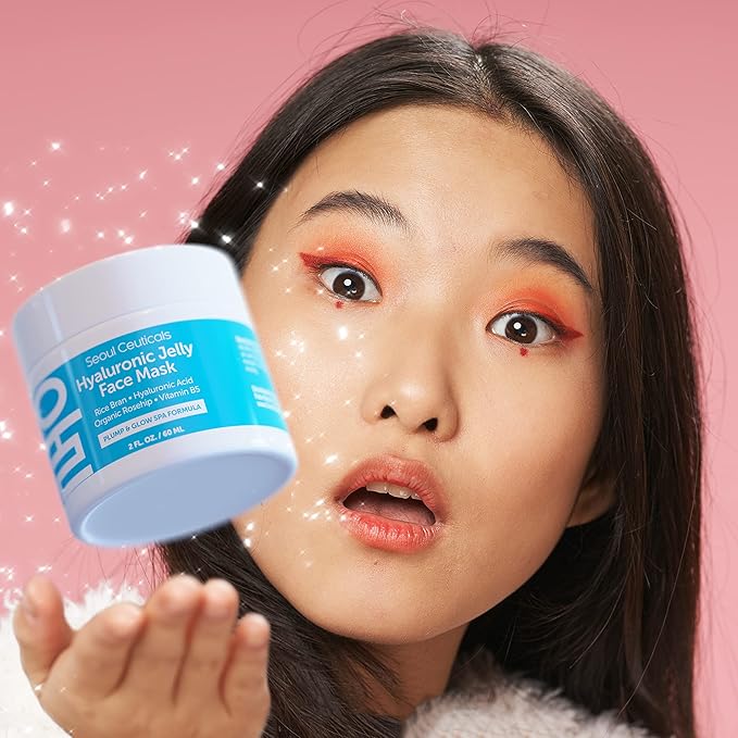 SeoulCeuticals Korean Skin Care Hyaluronic Acid Jelly Face Mask – Rice Bran + Vit B5 + Rosehip Anti Aging K Beauty Skincare for Plump Glowing Skin 2oz