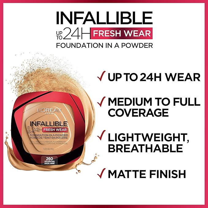 L'Oreal Paris Makeup Infallible Fresh Wear Foundation in a Powder, Up to 24H Wear, Waterproof, Mocha, 0.31 oz. (Packaging May Vary)