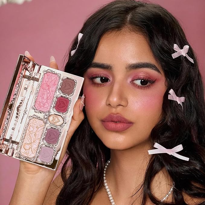 Flower Knows Strawberry Cupid Makeup Palette,Pink Face Makeup with 5 Matte + 2 Shimmer Shades,Blendable Smooth Cute All- In-One Make Up Palette,0.49 Oz(02 Cupid's Mischief)