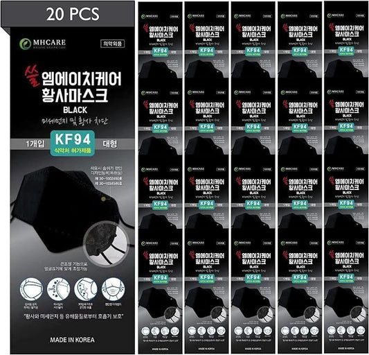 (Pack of 20) Korea Black Disposable KF94_ Face Mask, Unisex, 4-Layer Filters Breathable Comfortable, Adjustable Strap, Nose Mouth Covering Dust Mask Made in Korea.