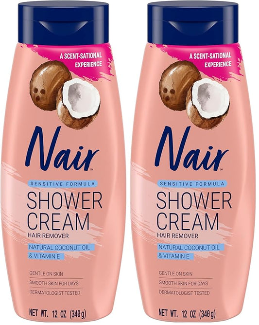 Nair Sensitive Shower Cream Hair Remover with Natural Coconut Oil and Vitamin E, Body Hair Removal Cream, 12 oz (Pack of 2)