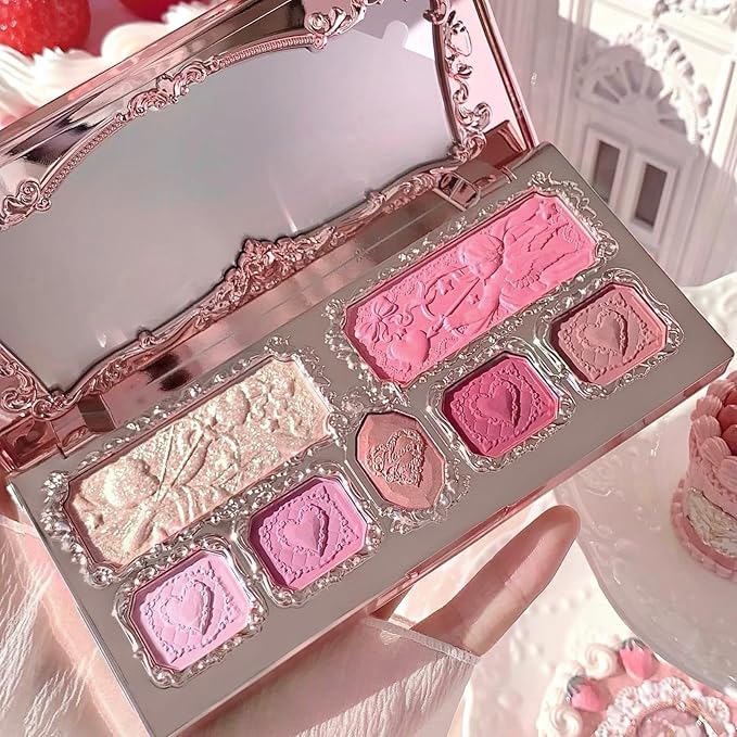 Flower Knows Strawberry Cupid Makeup Palette,Pink Face Makeup with 5 Matte + 2 Shimmer Shades,Blendable Smooth Cute All- In-One Make Up Palette,0.49 Oz(02 Cupid's Mischief)