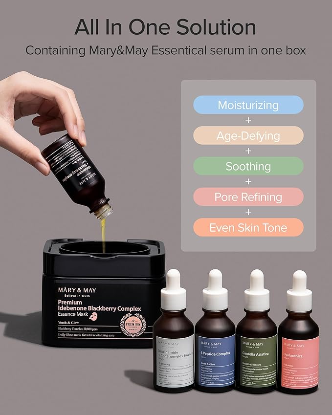Mary&May プレミアムイデベノンブラックベリーコンプレックスエッセンスマスク（20枚） – バンブーチャコールシート、ビタミンC、パンテノール、セラミド配合で潤いと輝きを与える韓国フェイスマスク、毎日使える引き出し式ディスペンサー