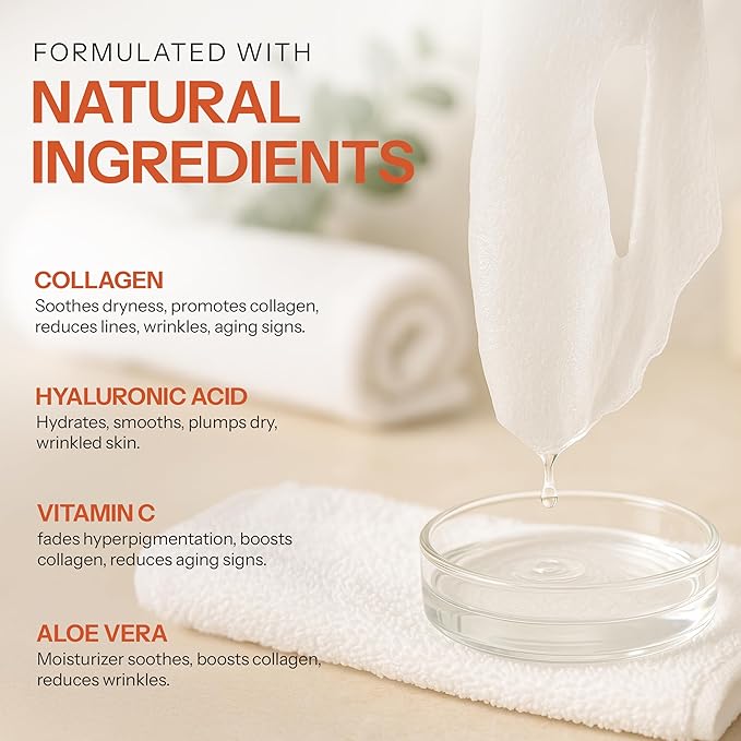 Vitamin C & Collagen Sheet Mask - Anti-Aging, Wrinkle & Age Spot Reducer, Hydrating & Moisturizing - Dermatologist Tested Korean Skincare, Clean Beauty, All Skin Types - 20 Count