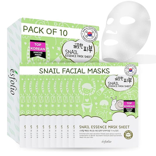 esfolio Snail Essence Mask Box – Hydrating & Repairing Sheet Masks, Korean Skincare for Moisturizing, Soothing, and Skin Renewal, Anti-Aging Face Mask for All Skin Types (Pack of 10)