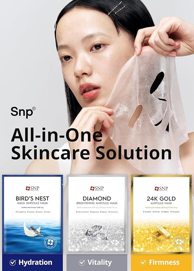 SNP バラエティアンプルシートマスクセット | ツバメの巣、24Kゴールド、ダイヤモンドフェイスマスク | 敏感肌用保湿・栄養補給 | 韓国フェイスマスクスキンケア | 12枚