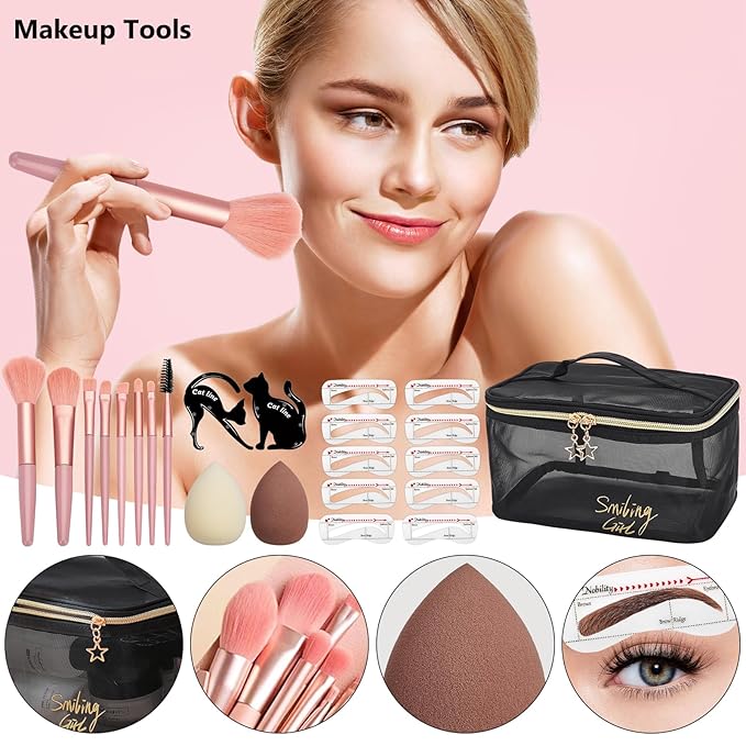 女性用オールインワンメイクアップキット フルセット、コスメギフトセット、ファンデーション、フェイスプライマー、アイシャドウ、コントゥールパレット、リップスティック、アイライナー、マスカラ、コスメブラシセットを含む必須メイクアップバンドル