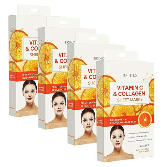 Vitamin C & Collagen Sheet Mask - Anti-Aging, Wrinkle & Age Spot Reducer, Hydrating & Moisturizing - Dermatologist Tested Korean Skincare, Clean Beauty, All Skin Types - 20 Count