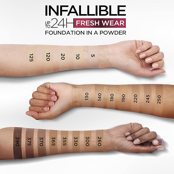 L'Oreal Paris Makeup Infallible Fresh Wear Foundation in a Powder, Up to 24H Wear, Waterproof, Mocha, 0.31 oz. (Packaging May Vary)