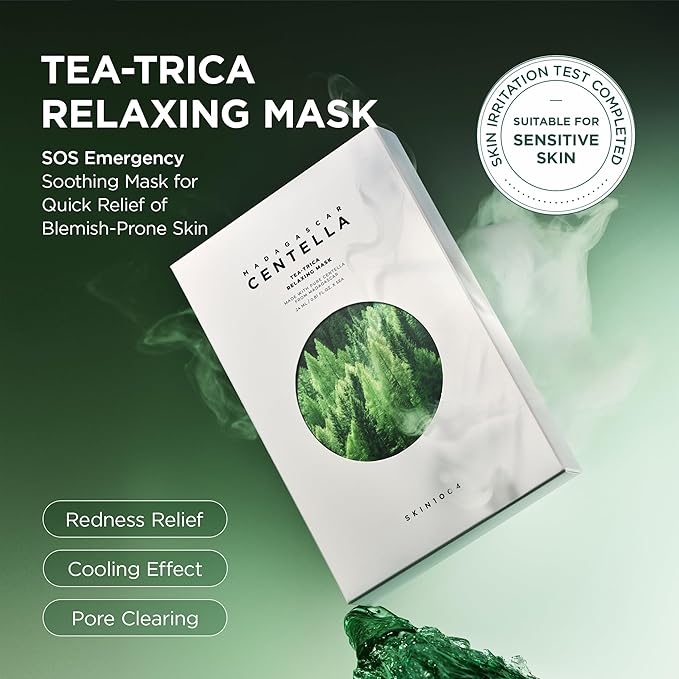 SKIN1004 Madagascar Centella Tea-Trica Relaxing Mask, Face Mask Skincare for Oily & Blemish Prone Skin, Soothing & Calming Relief Care for Sebum & Impurities, Korean Skin Care, 0.84 fl oz / 25ml * 5ea