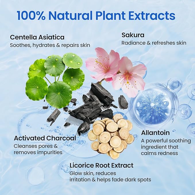 Centella hydrating face masks Set (9 Pack) – Hydrating Face Masks with Green Tea, Sakura & Charcoal | Moisturizing Facial Masks for Women | Sensitive & All Skin Types