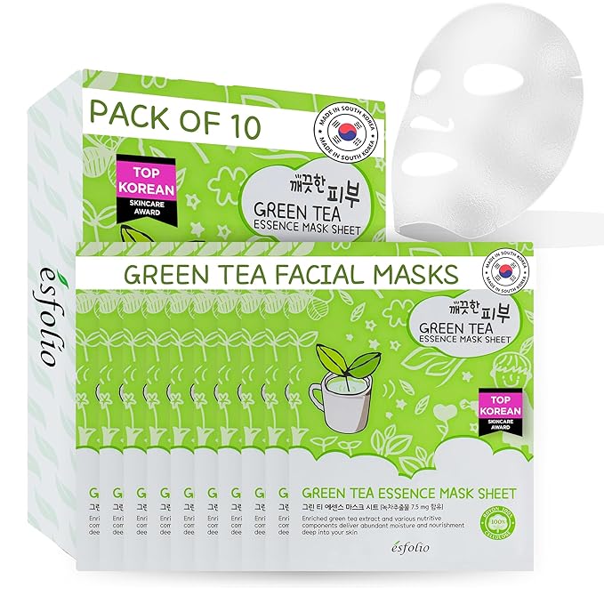 Esfolio Green Tea Essence Face Mask – Hydrating, Soothing, Antioxidant-Rich Sheet Mask for All Skin Types – Moisturizing, Revitalizing Face Treatment for Sensitive, and Blemish-Prone Skin (Pack of 10)