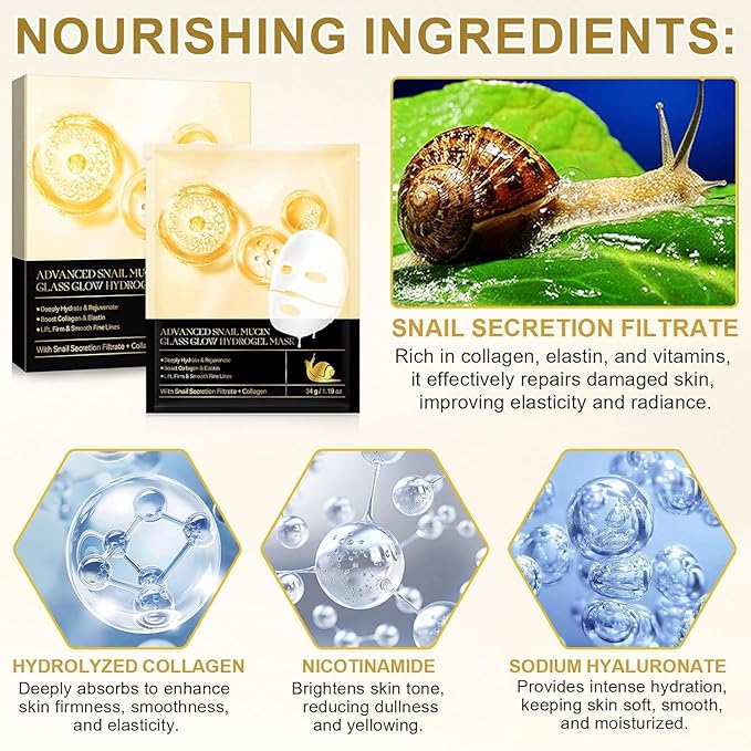 Snail Mucin Glass Glow Hydrogel Mask、コラーゲンフェイスマスク スキンケア、コラーゲンナイトラッピングマスク、韓国フェイスマスク スキンケア (8枚)