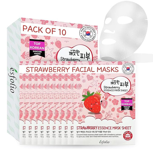 esfolio Strawberry Essence Mask – Hydrating Korean Sheet Mask with Strawberry Extract – Nourishing, Moisturizing, Skin Revitalizing Face Mask for Radiant, Smooth Skin (Pack of 10)