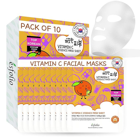 esfolio Vitamin C Essence Mask Sheet – Hydrating Face Mask, Antioxidant-Rich Korean Skincare for Radiant & Glowing Skin, Deep Moisturizing Sheet Mask for All Skin Types (Pack of 10)
