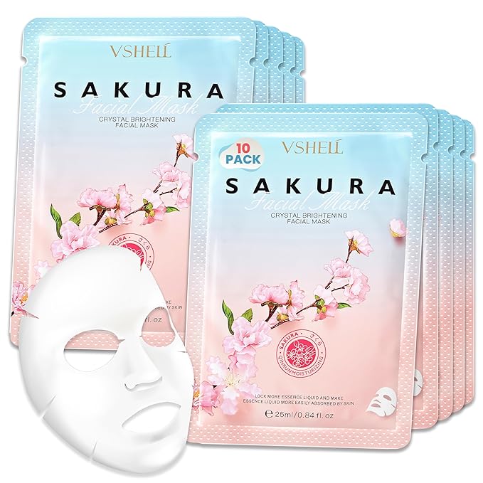Sakura Brightening Sheet Mask (10 Pack) – Hydrating Face Masks with Sakura Extract & Arbutin – Helps Improve the Look of Dullness, Dark Spots & Uneven Tone – Gentle for Sensitive Skin