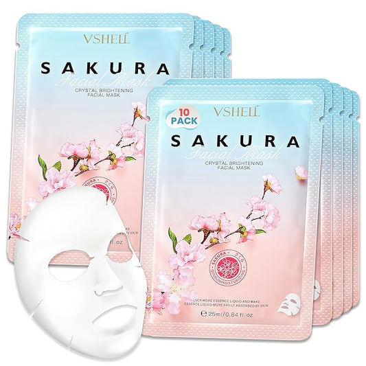 Sakura Brightening Sheet Mask (10 Pack) – Hydrating Face Masks with Sakura Extract & Arbutin – Helps Improve the Look of Dullness, Dark Spots & Uneven Tone – Gentle for Sensitive Skin