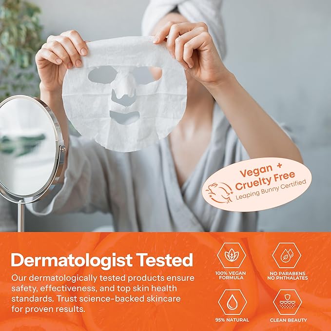 Vitamin C & Collagen Sheet Mask - Anti-Aging, Wrinkle & Age Spot Reducer, Hydrating & Moisturizing - Dermatologist Tested Korean Skincare, Clean Beauty, All Skin Types - 20 Count