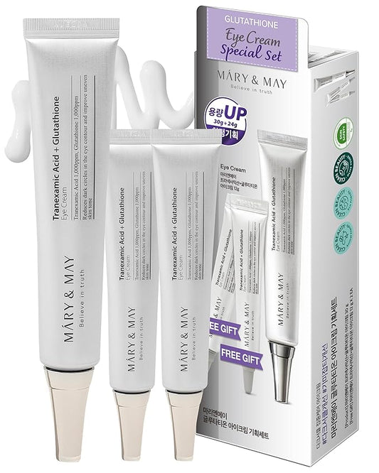 Mary&May Tranexamic Acid + Glutathione Eye Cream Set (1,000ppm each) – Brightening Under Eye Cream for Dark Circles & Uneven Tone, Vitamin C, Niacinamide – 1.01 oz + 0.4 oz Mini x2