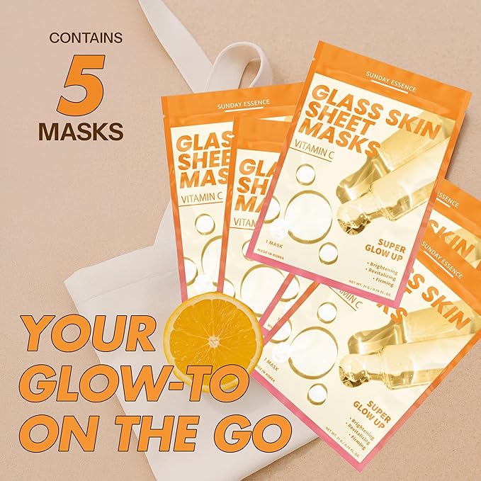 Vitamin C Face Mask For Glass Skin – Hydration & Revitalization For Dull Skin – Dermatologist Tested, Anti-Aging Korean Skin Care – Vegan, Cruelty-Free, Clean Beauty – 5 Sheets