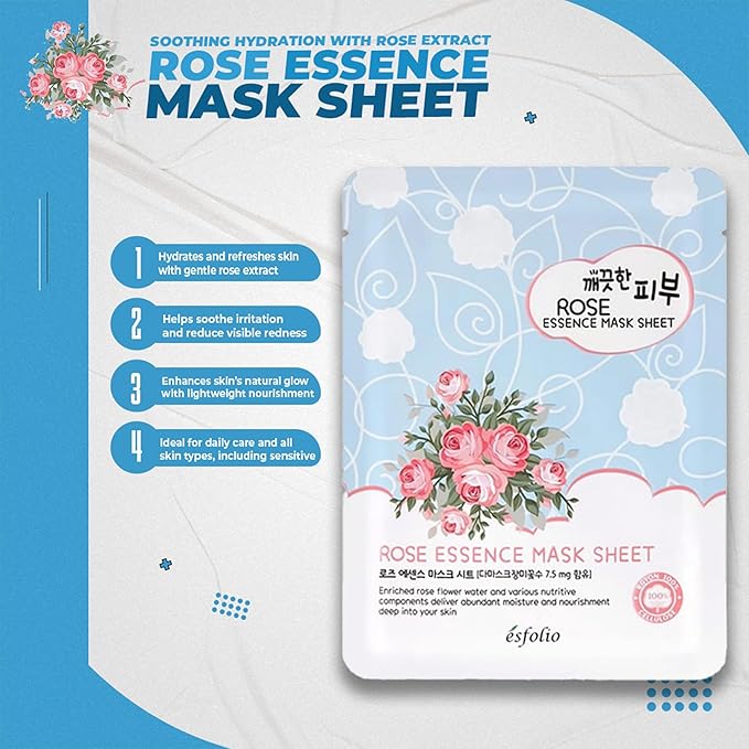 esfolio Rose Essence Sheet Mask – Hydrating & Nourishing Face Mask with Rose Extract, Moisturizing Korean Skincare, Soothing Facial Mask for All Skin Types (Pack of 10)