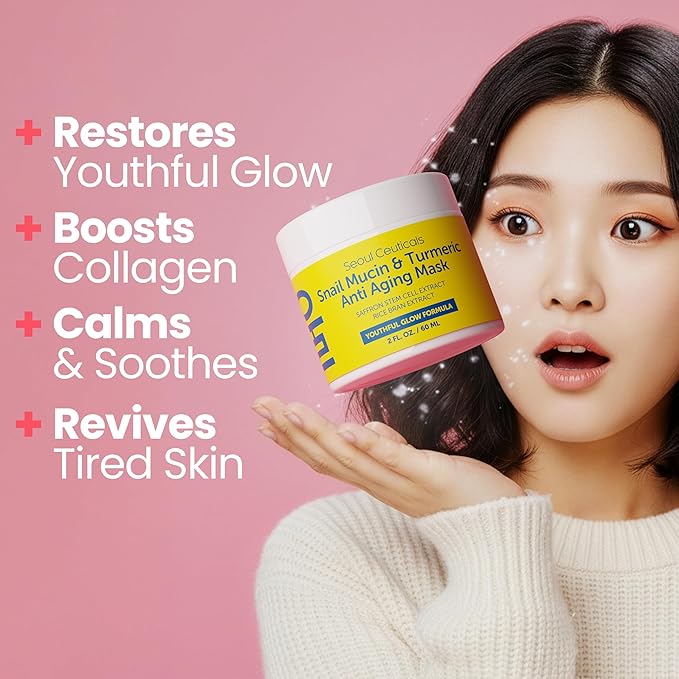 SeoulCeuticals Korean Face Mask Skin Care - Snail Mucin Turmeric Mask for Face – Cruelty Free K Beauty Anti Aging Face Mask for Healthy, Youthful Glow 2oz